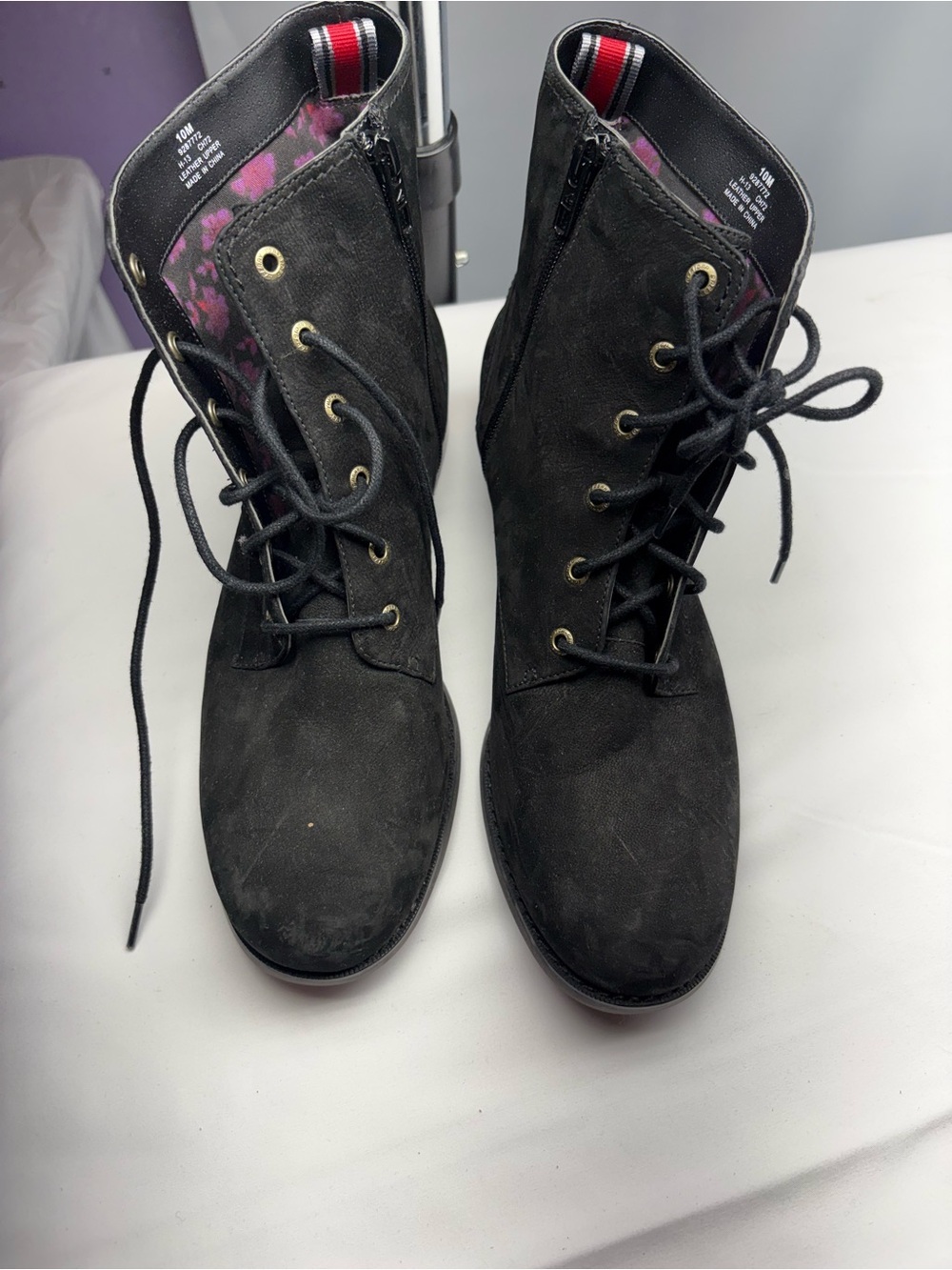 Sperry Black Suede Lace-Up Ankle Boots with Floral Lining